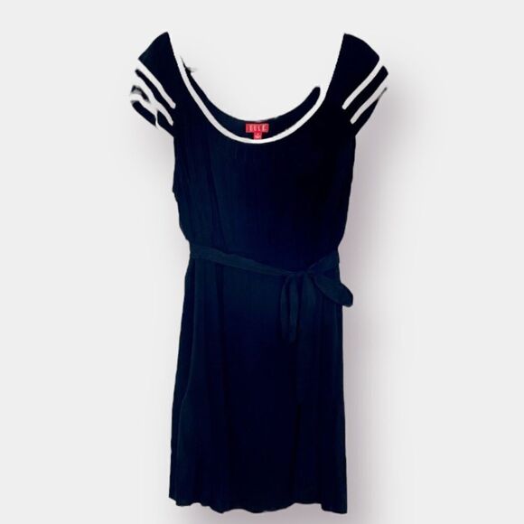 Elle Black Dress with Cream Trim Elastic Waist with Tie - Picture 1 of 6